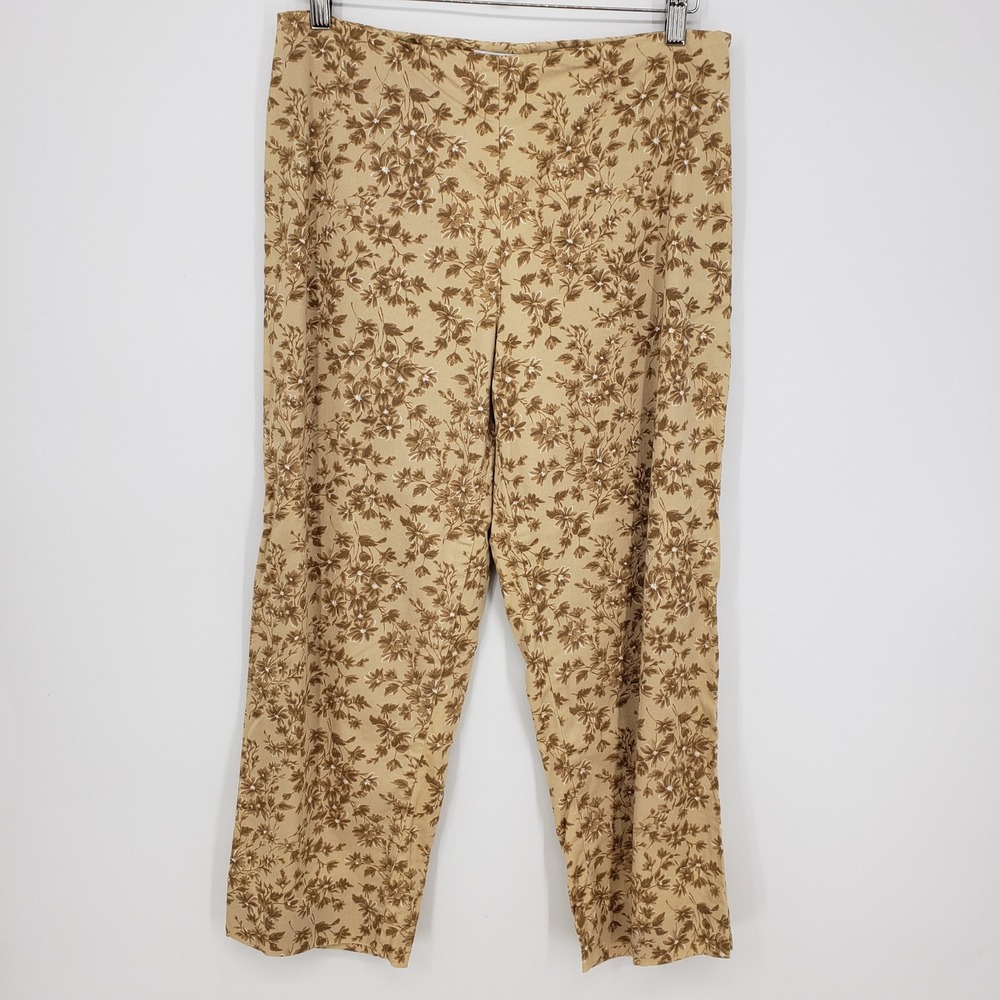 Vintage Floral Straight Leg Pants Womens 12 Cropped High Rise Waist Tan Cotton